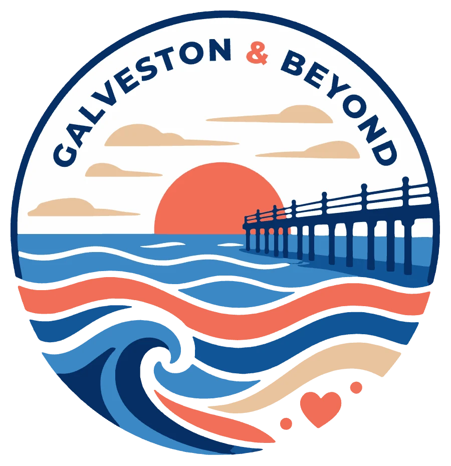 Galveston & Beyond logo: a sunset over a fishing pier and rolling waves